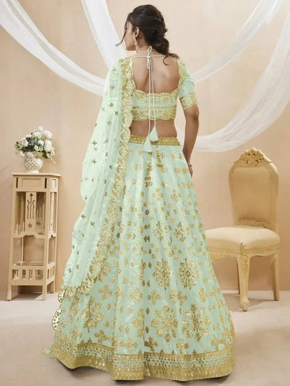 Tulsi Art Pista Green Paper Mirror Mulberry Silk Wedding Wear Lehenga Choli