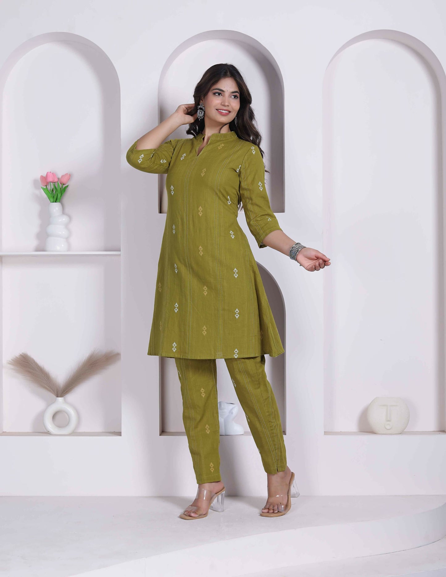 Miravan Womens Green Printed Cotton Straight Kurta With Palazzo