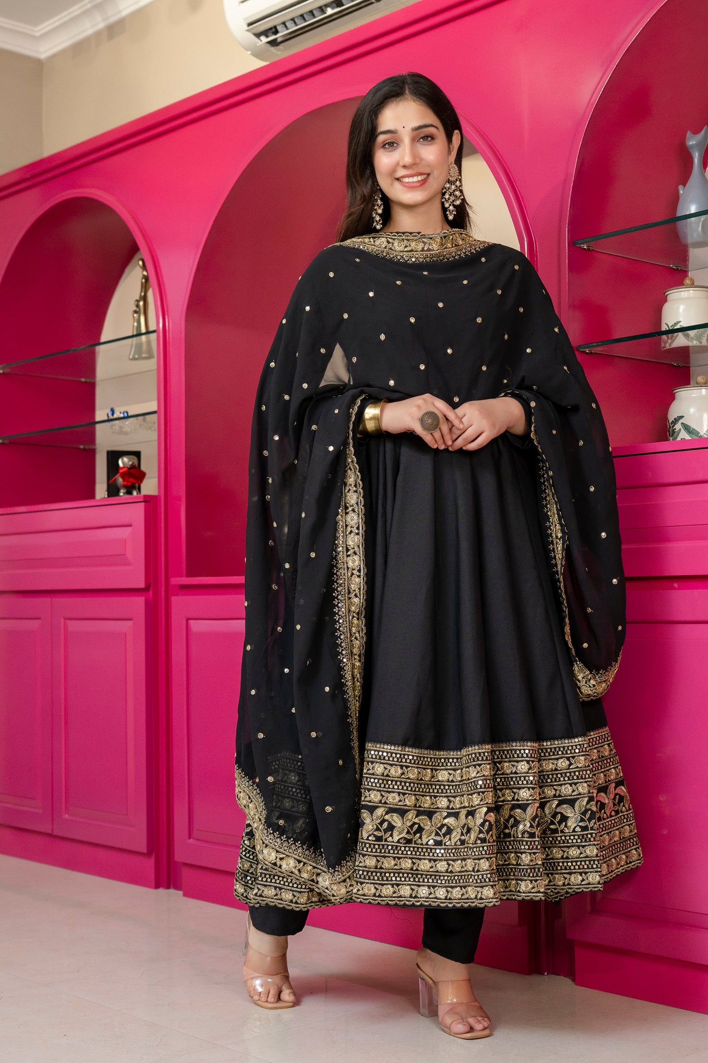 Yash Enterprise Black Rayon Party Wear Embroidery Suit Set