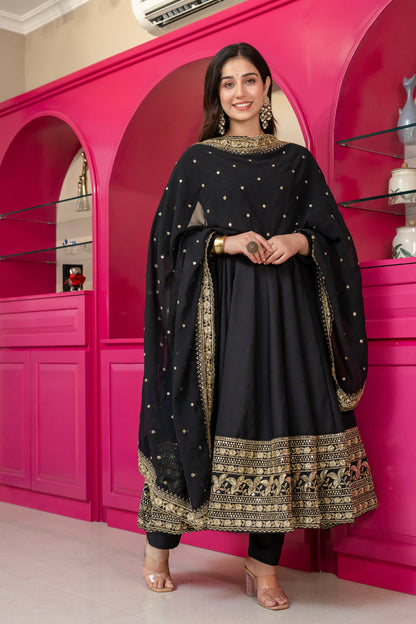 Yash Enterprise Black Rayon Party Wear Embroidery Suit Set