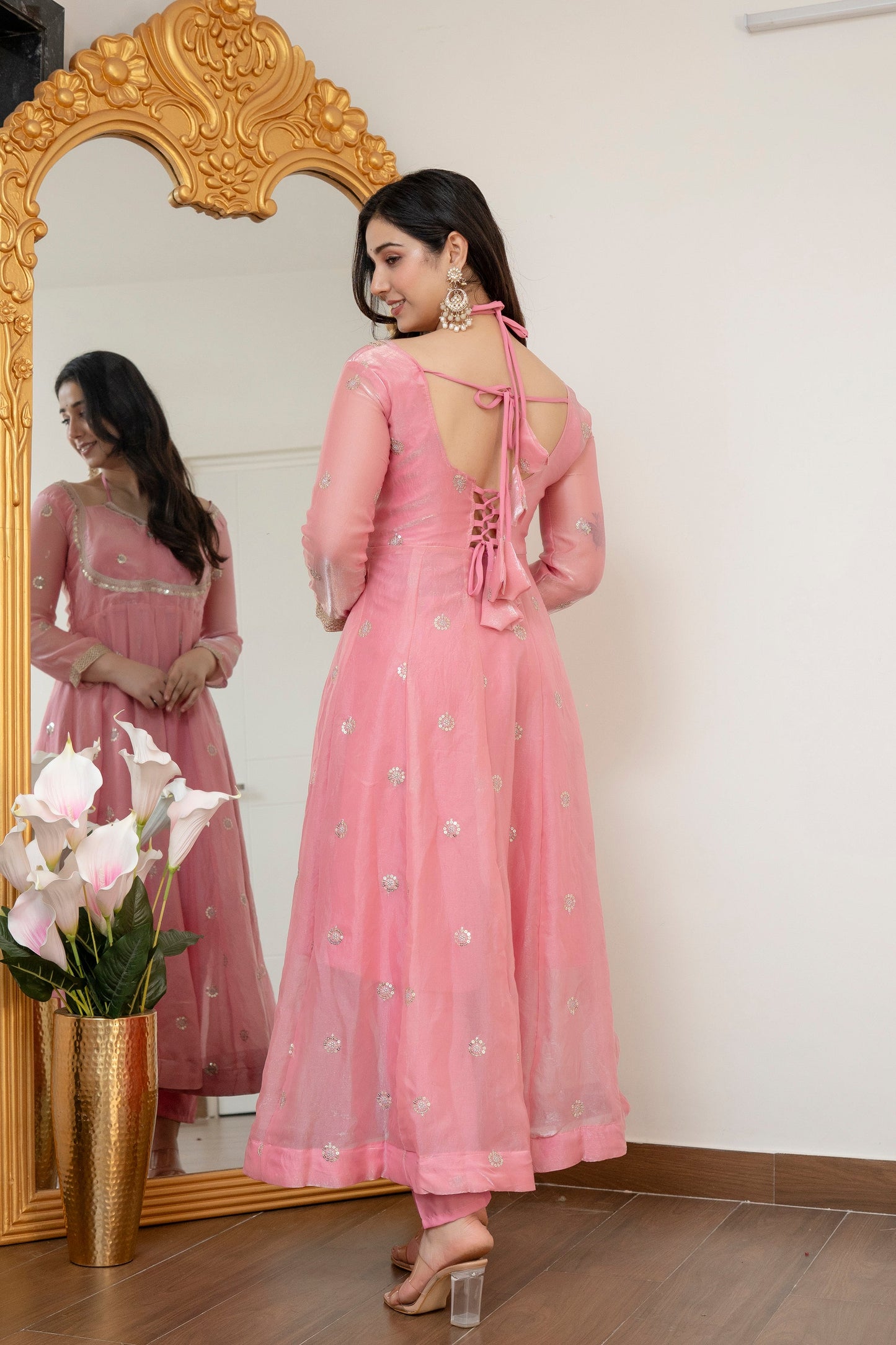 Yash Enterprise Peach Fandy Silk Party Wear Embroidery Suit Set