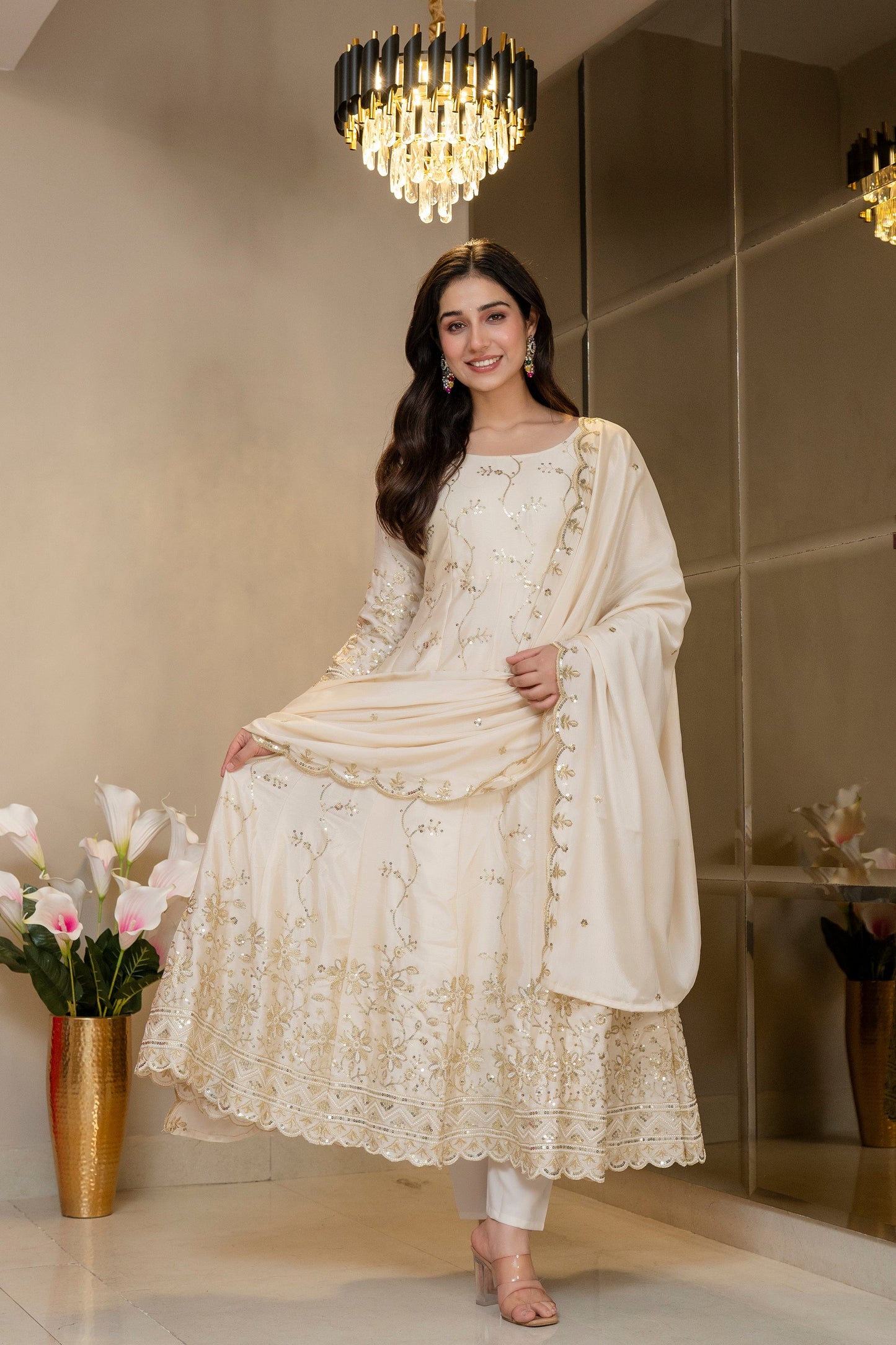Yash Enterprise Cream Chinon Silk Party Wear Embroidery Suit Set