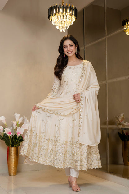 Yash Enterprise Cream Chinon Silk Party Wear Embroidery Suit Set