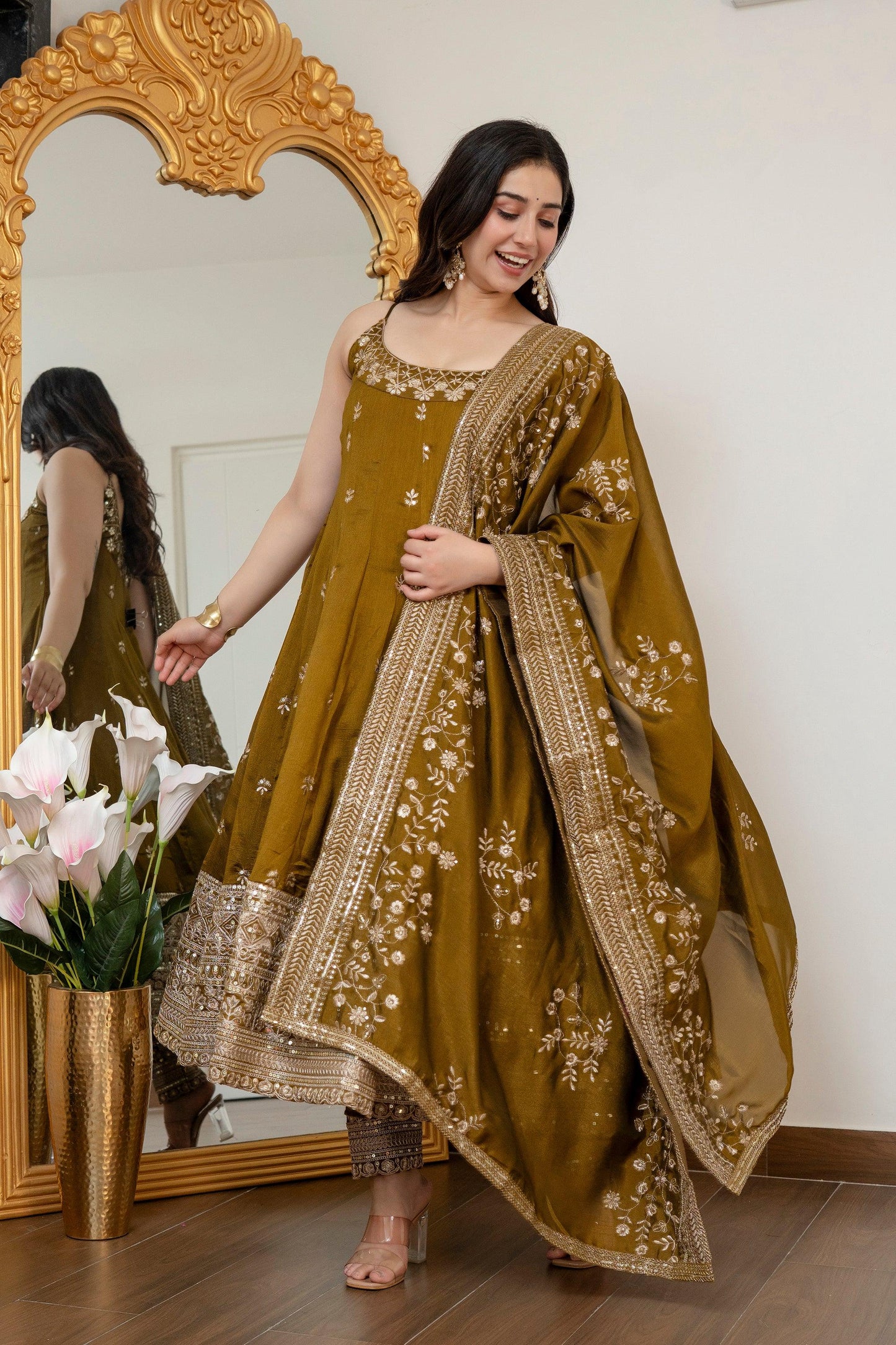 Yash Enterprise Mehndi Vichitra Silk Party Wear Embroidery Suit Set