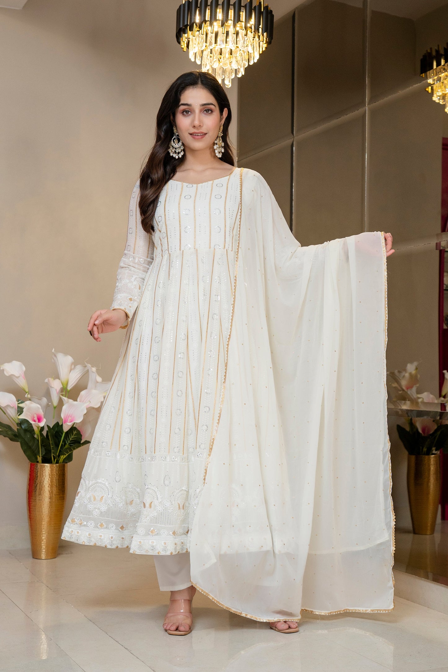 Yash Enterprise Off White Faux Blooming Party Wear Embroidery Suit Set