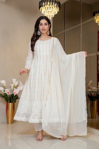 Yash Enterprise Off White Faux Blooming Party Wear Embroidery Suit Set