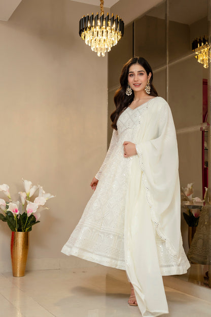 Yash Enterprise Off White Georgette Party Wear Embroidery Suit Set