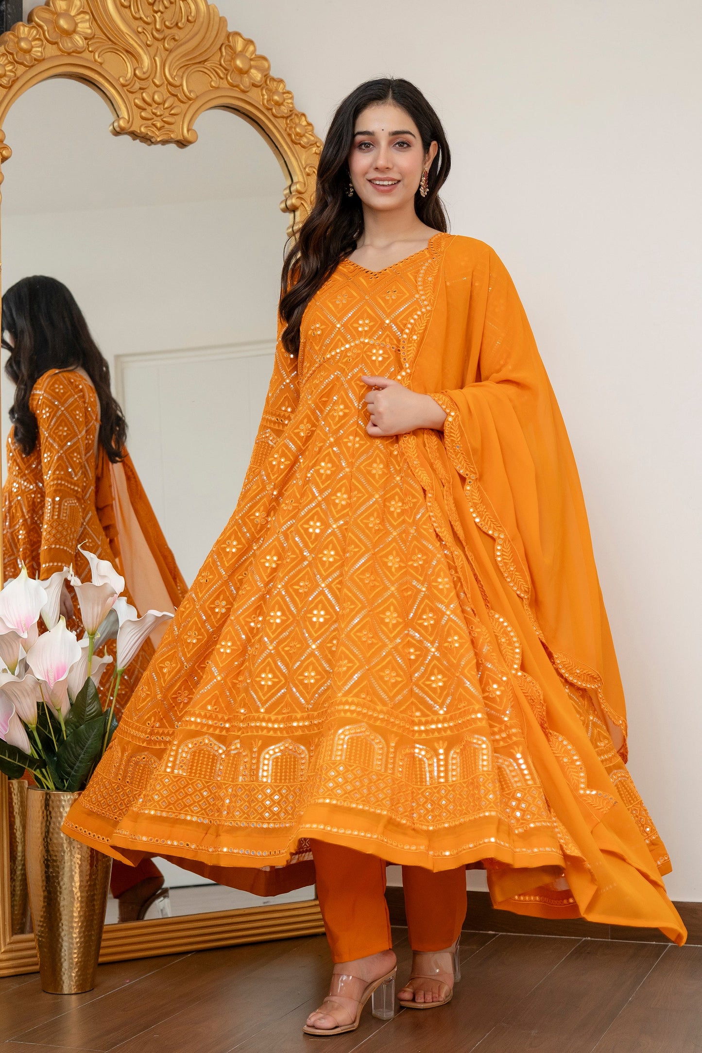 Yash Enterprise Yellow Blooming Silk Party Wear Embroidery Suit Set