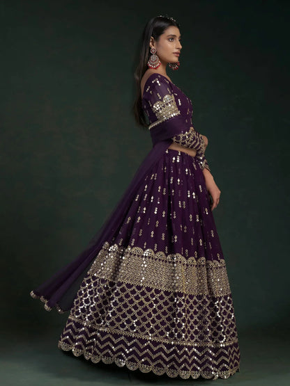 Tulsi Art Alluring Dark Purple Zari Work Georgette Wedding Wear Lehenga Choli
