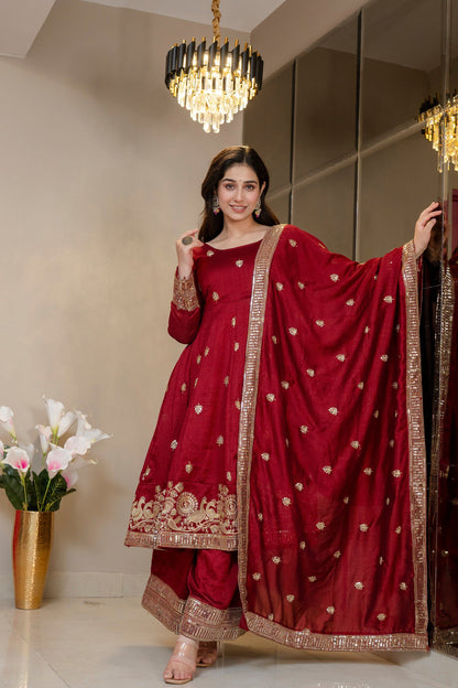 Yash Enterprise Maroon Simmar Silk Party Wear Embroidery Suit Set