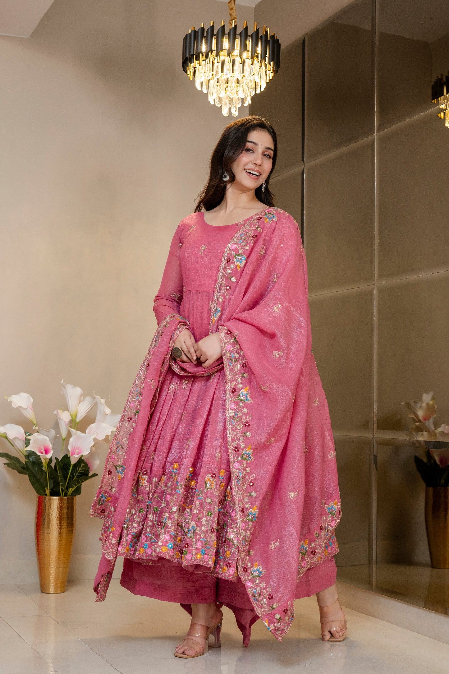 Yash Enterprise Dusty Rose Crunchy Silk Party Wear Embroidery Sharara Suit Set