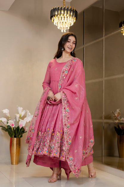 Yash Enterprise Dusty Rose Crunchy Silk Party Wear Embroidery Sharara Suit Set