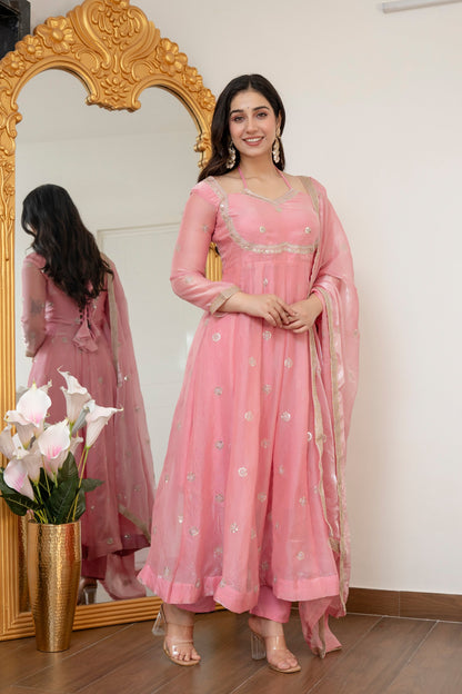 Yash Enterprise Peach Fandy Silk Party Wear Embroidery Suit Set