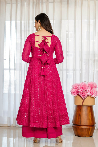 Yash Enterprise Rani Pink Blooming Silk Party Wear Embroidery Sharara Suit Set