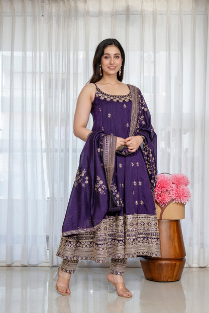 Yash Enterprise Purple Vichitra Silk Party Wear Embroidery Suit Set
