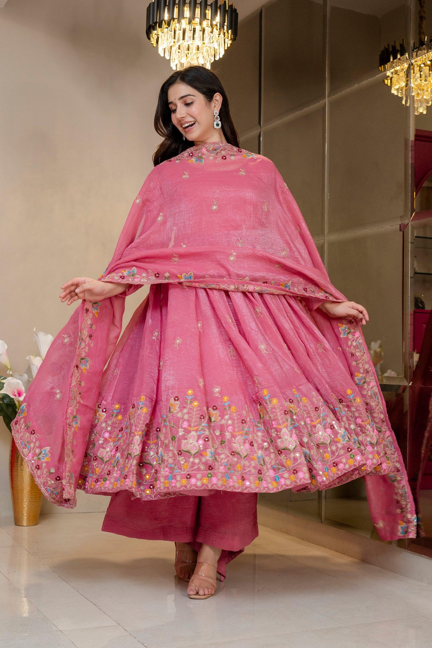 Yash Enterprise Dusty Rose Crunchy Silk Party Wear Embroidery Sharara Suit Set