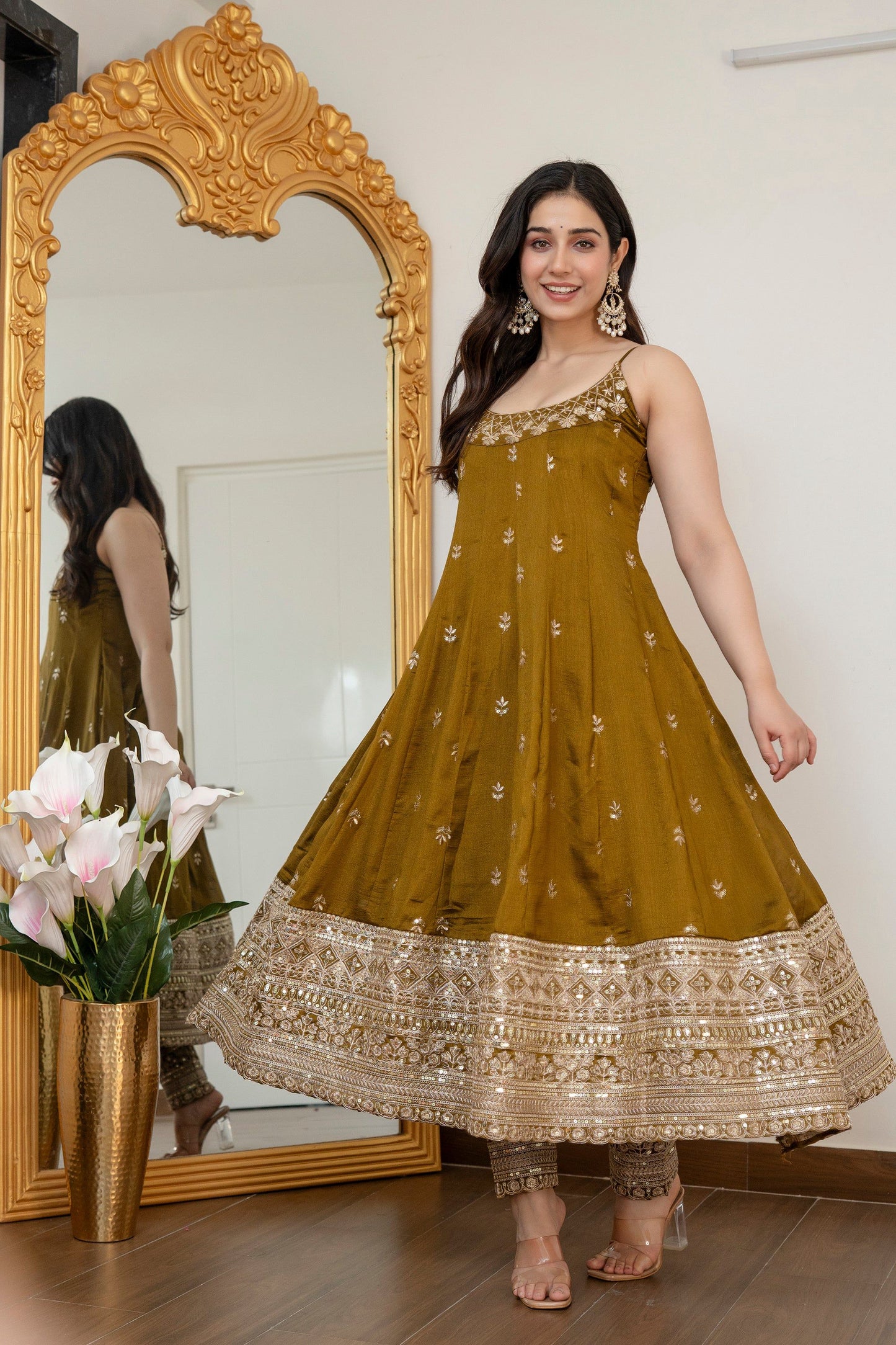 Yash Enterprise Mehndi Vichitra Silk Party Wear Embroidery Suit Set