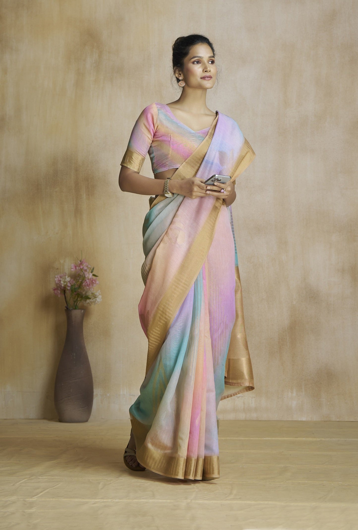 Anaita Peach Fancy Fabric With Digital Print Saree With Blouse