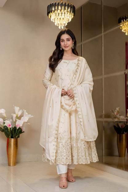 Yash Enterprise Cream Chinon Silk Party Wear Embroidery Suit Set