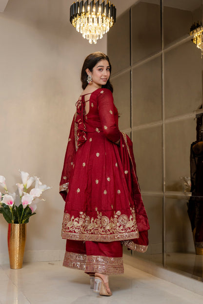 Yash Enterprise Maroon Simmar Silk Party Wear Embroidery Suit Set