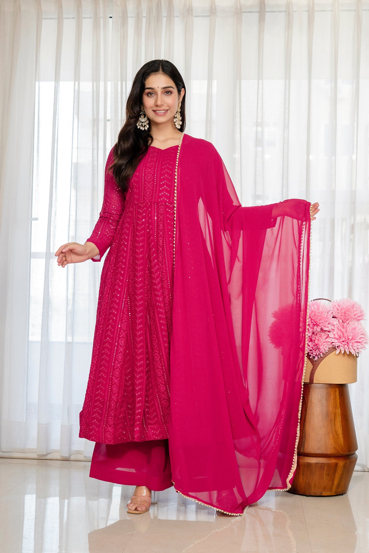 Yash Enterprise Rani Pink Blooming Silk Party Wear Embroidery Sharara Suit Set
