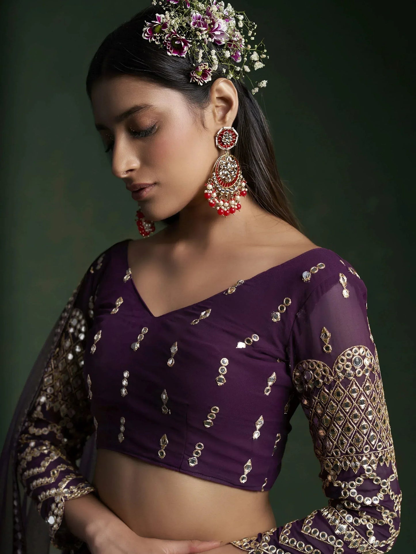 Tulsi Art Alluring Dark Purple Zari Work Georgette Wedding Wear Lehenga Choli