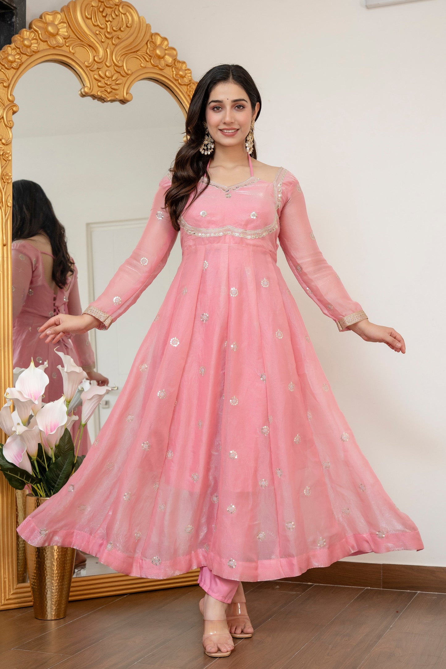 Yash Enterprise Peach Fandy Silk Party Wear Embroidery Suit Set