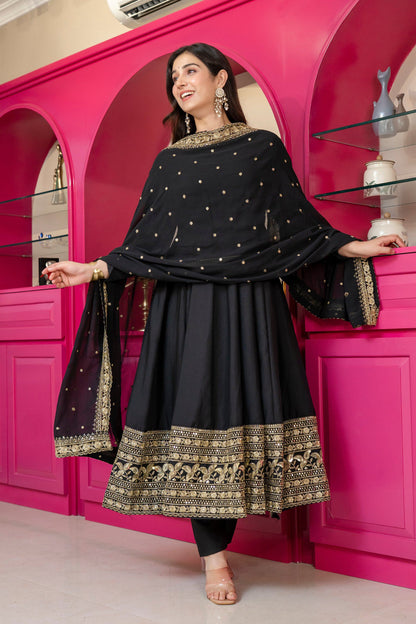 Yash Enterprise Black Rayon Party Wear Embroidery Suit Set