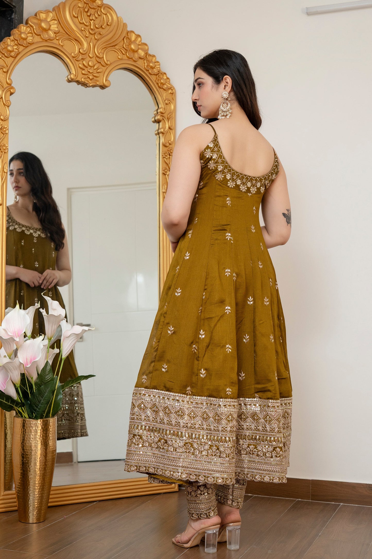 Yash Enterprise Mehndi Vichitra Silk Party Wear Embroidery Suit Set