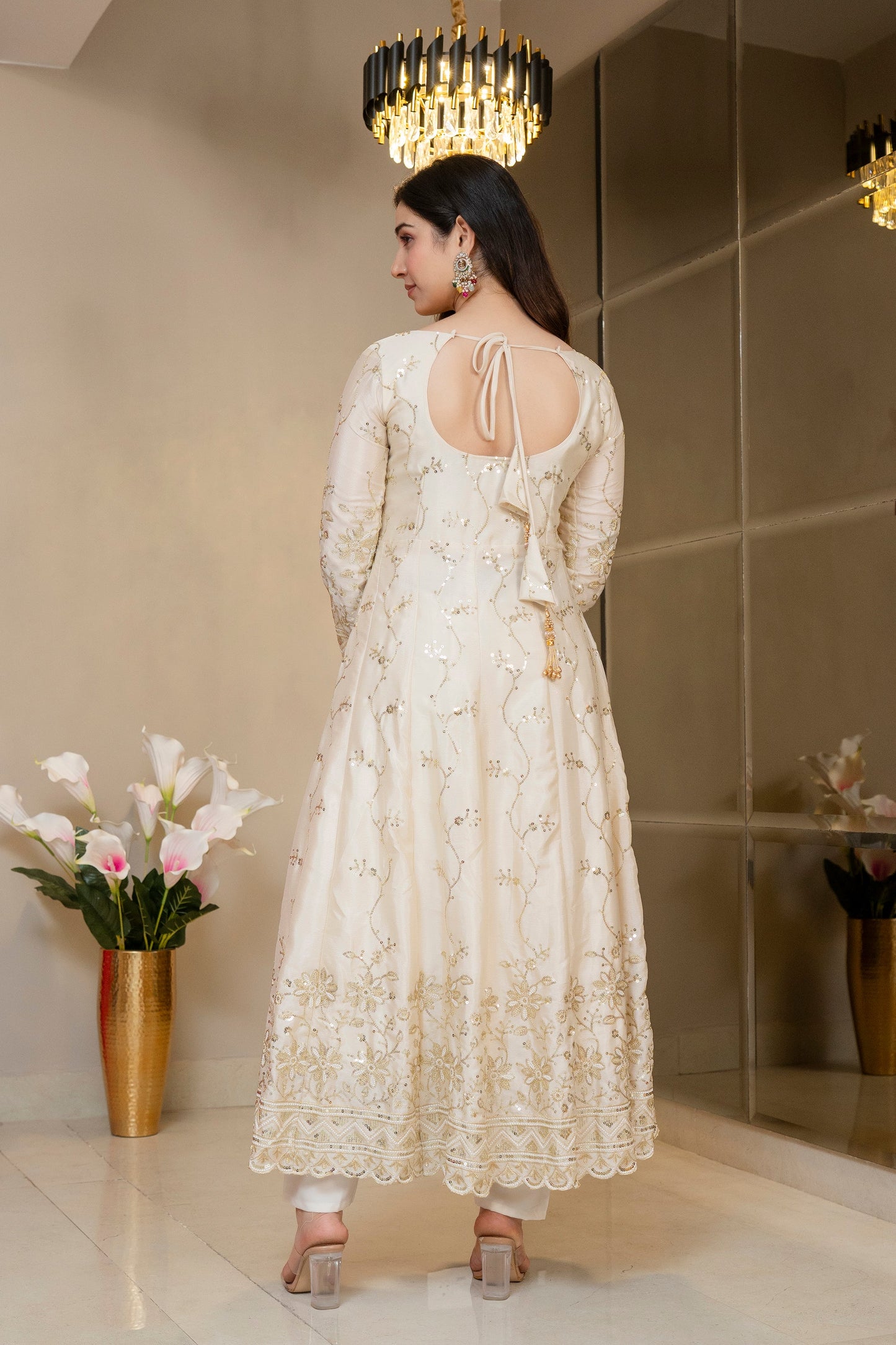 Yash Enterprise Cream Chinon Silk Party Wear Embroidery Suit Set