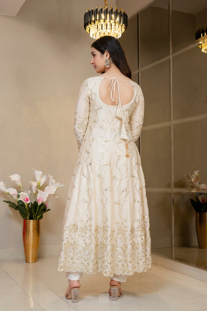 Yash Enterprise Cream Chinon Silk Party Wear Embroidery Suit Set