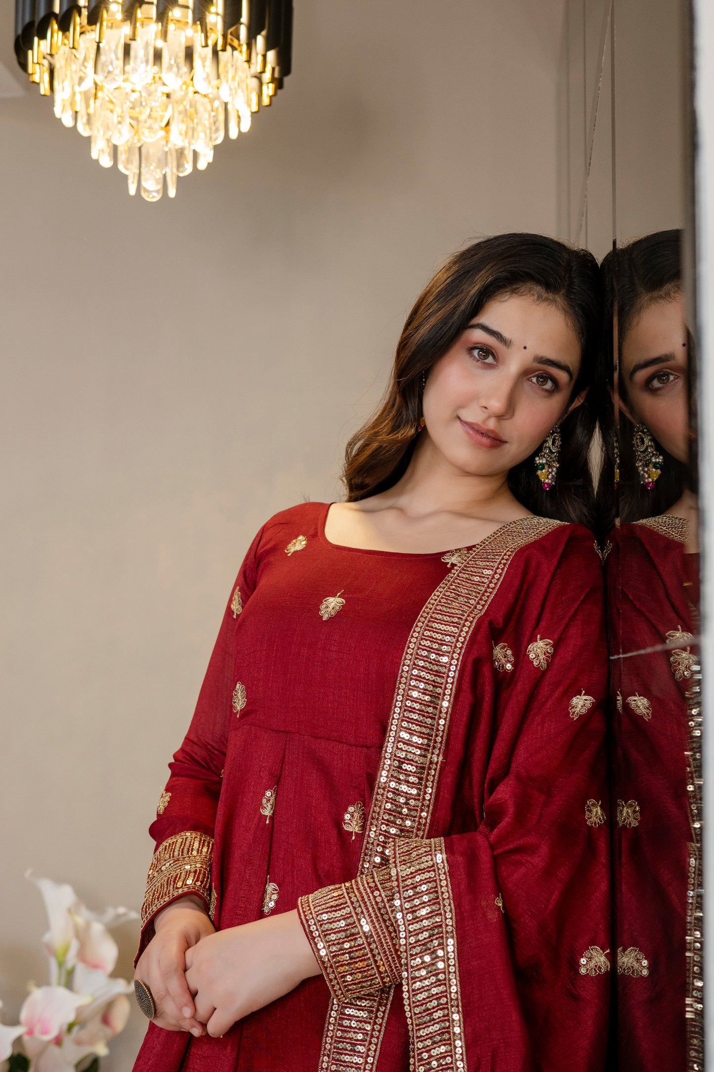 Yash Enterprise Maroon Simmar Silk Party Wear Embroidery Suit Set