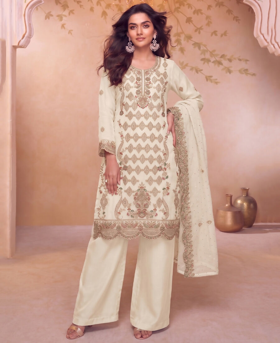 KC Heavy Embroidery Worked Two Ton Moss Silk White Suit For Women
