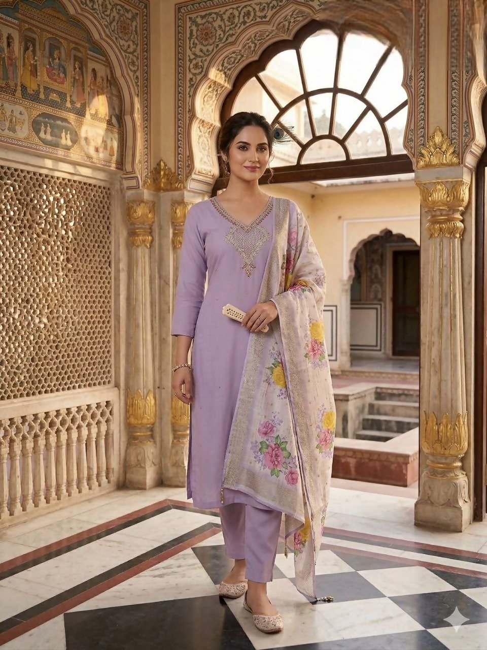 Teeya Creation Womens New Fancy Premium Mul Chanderi Kurta Set - Lavender