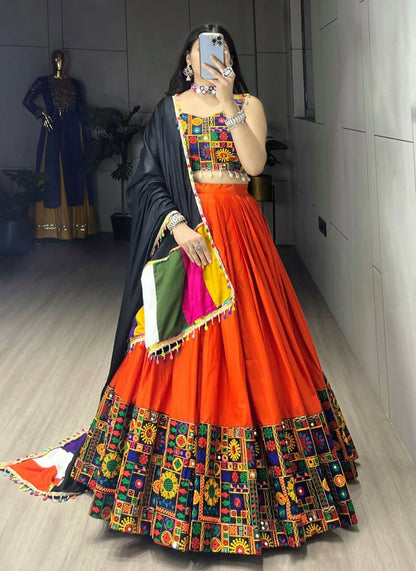 Yash Enterprise Orange Rayon Cotton Embroidery Semi Stitched Navratri Chaniya Choli