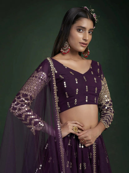 Tulsi Art Alluring Dark Purple Zari Work Georgette Wedding Wear Lehenga Choli