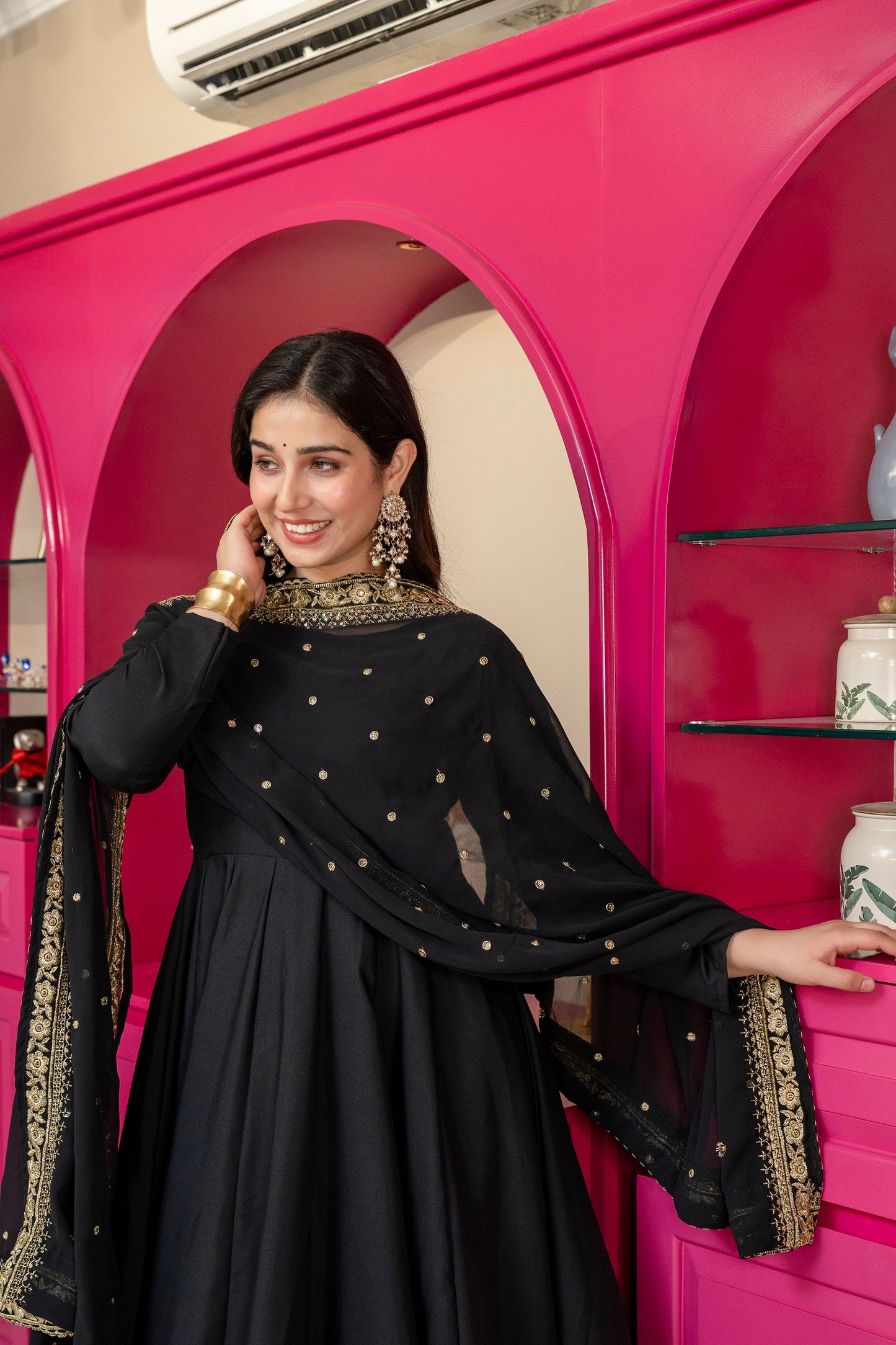 Yash Enterprise Black Rayon Party Wear Embroidery Suit Set