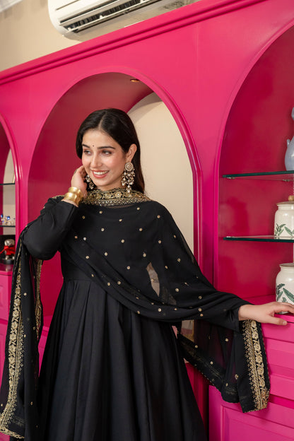 Yash Enterprise Black Rayon Party Wear Embroidery Suit Set