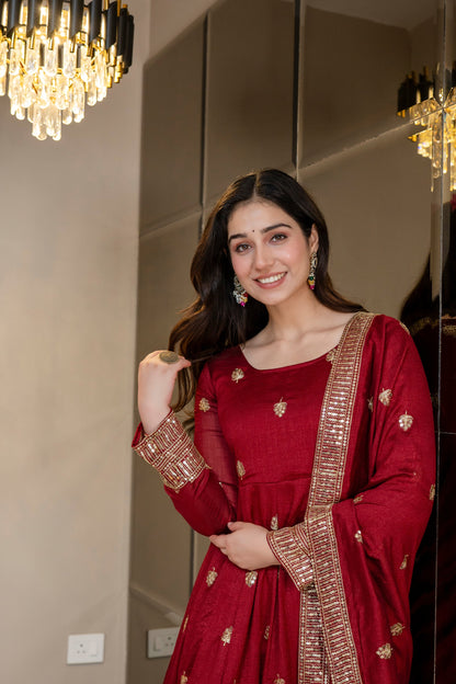 Yash Enterprise Maroon Simmar Silk Party Wear Embroidery Suit Set