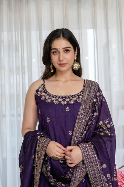 Yash Enterprise Purple Vichitra Silk Party Wear Embroidery Suit Set