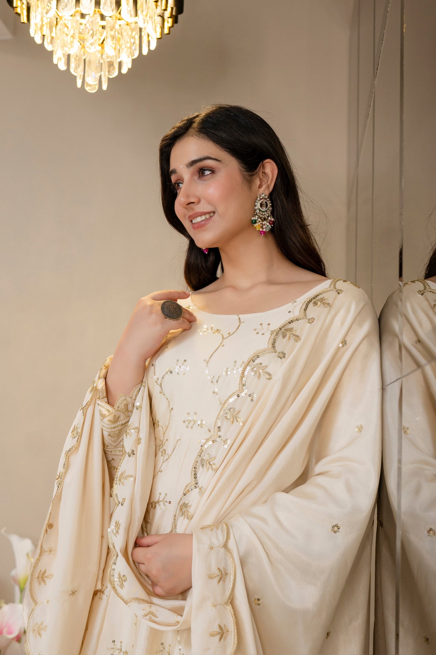 Yash Enterprise Cream Chinon Silk Party Wear Embroidery Suit Set
