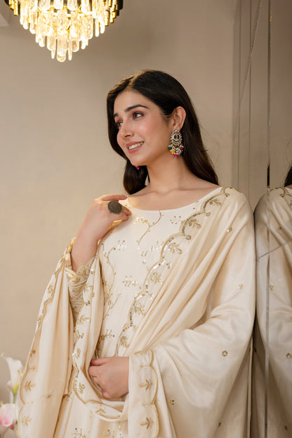 Yash Enterprise Cream Chinon Silk Party Wear Embroidery Suit Set