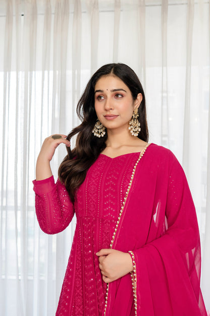 Yash Enterprise Rani Pink Blooming Silk Party Wear Embroidery Sharara Suit Set
