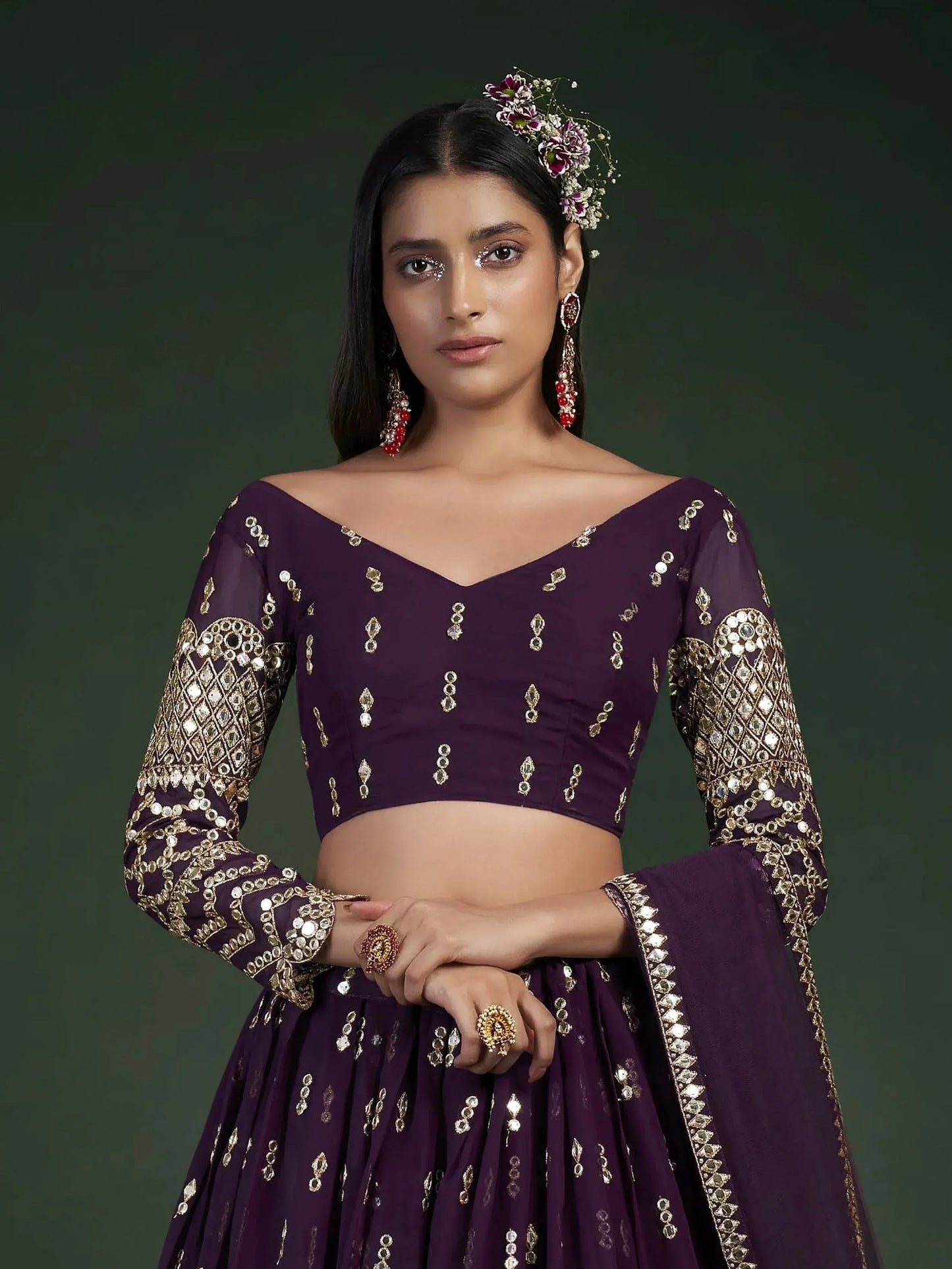 Tulsi Art Alluring Dark Purple Zari Work Georgette Wedding Wear Lehenga Choli