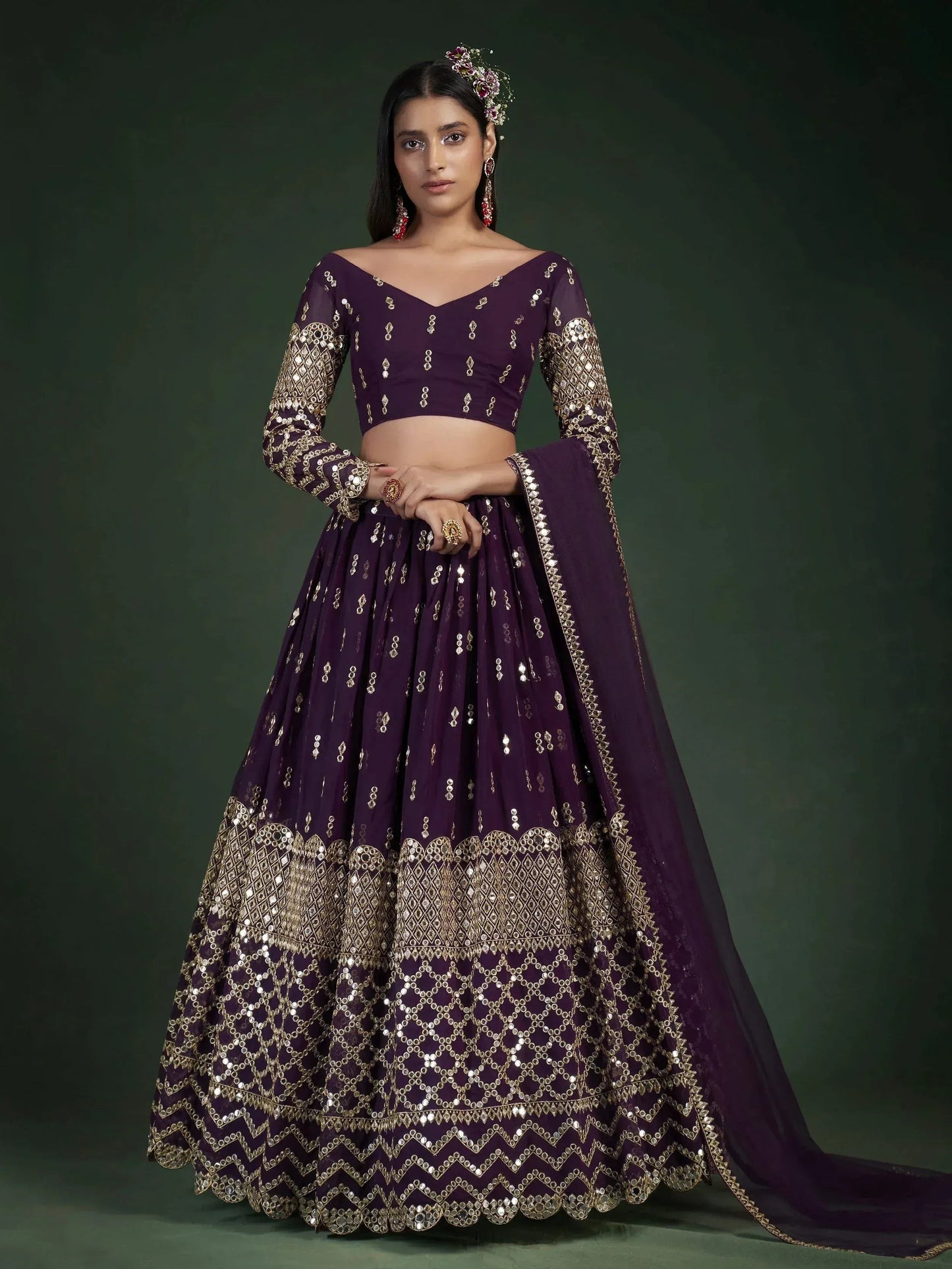 Tulsi Art Alluring Dark Purple Zari Work Georgette Wedding Wear Lehenga Choli