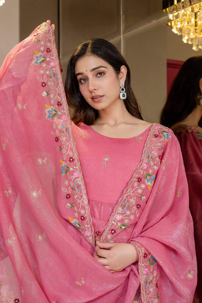 Yash Enterprise Dusty Rose Crunchy Silk Party Wear Embroidery Sharara Suit Set