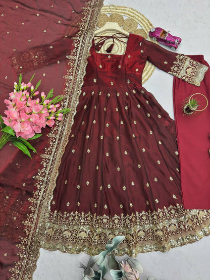 Teeya Creation Dark Maroon Heavily Embroidered Festive Wear Anarkali Salwar Suit
