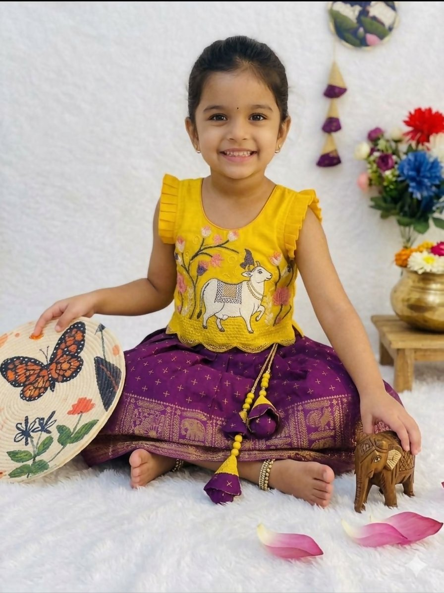 Teeya Creation Kids Latest Collection Girls Yellow & Wine Purple Pattu Pavadai Lehenga Set With Ruffle Sleeves-Yellow