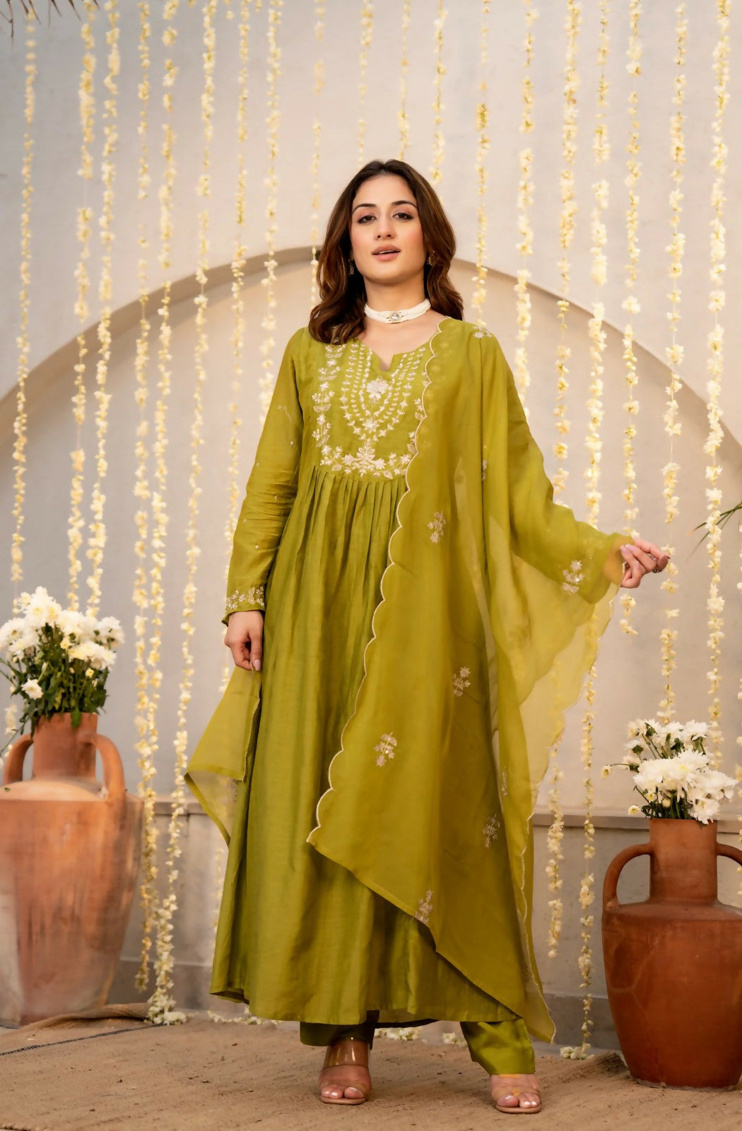 The52 Women's Beautiful Embroidery Work Chanderi Silk Fabric Flared Kurta Pant and Dupatta Set-Light Green