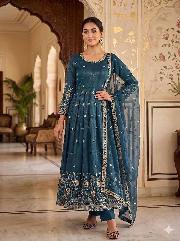 Teeya Creation New Stylish Trendy Elegant Teal Embroidered Anarkali Suit with Dupatta